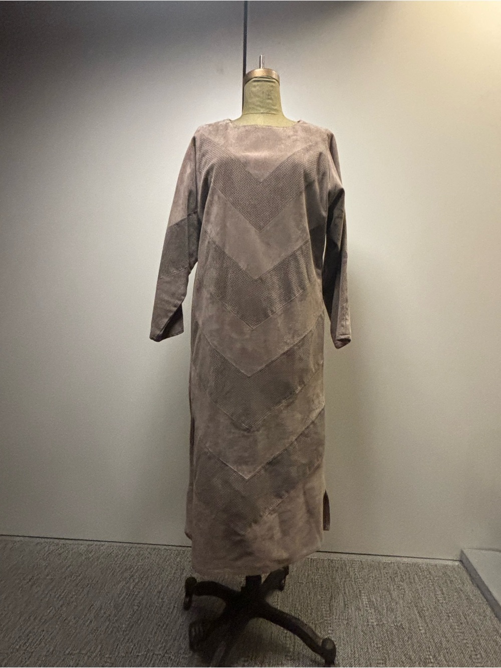 Women's Taupe Suede Chevron Midi Dress